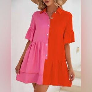 SHEIN Pink and Orange Colorblock Button-Down Tiered Mini Dress
